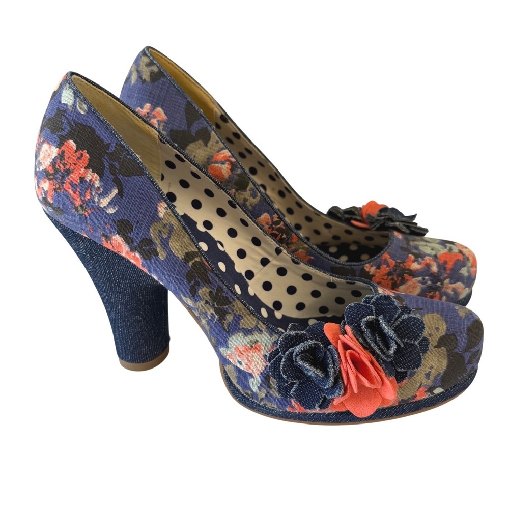 Ruby Shoo Womens Floral Denim Platform Pumps Blue Coral Flower Heels Size 9 40